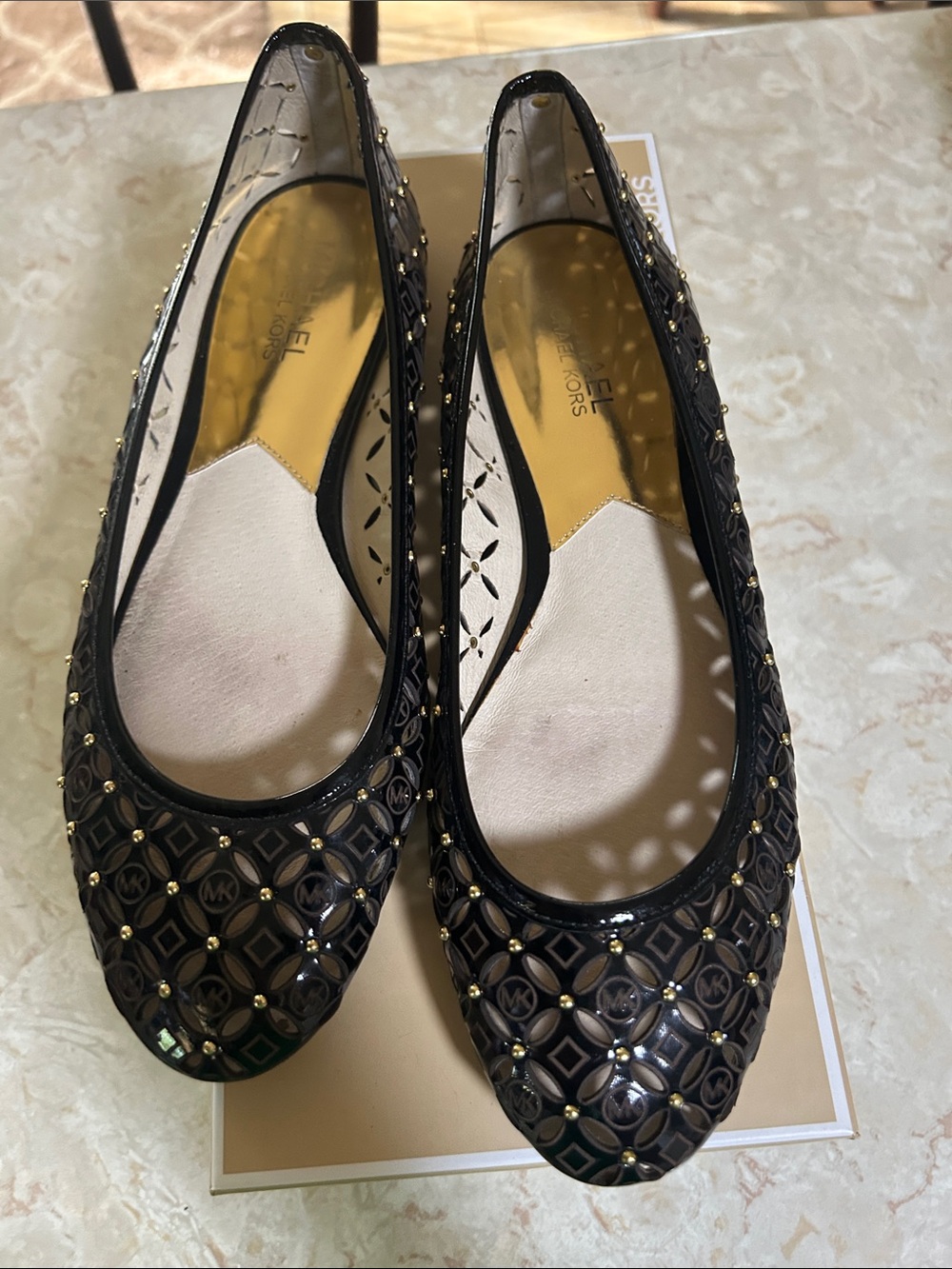 MICHAEL Michael Kors Black Patent Logo-Stud Ballet Flats